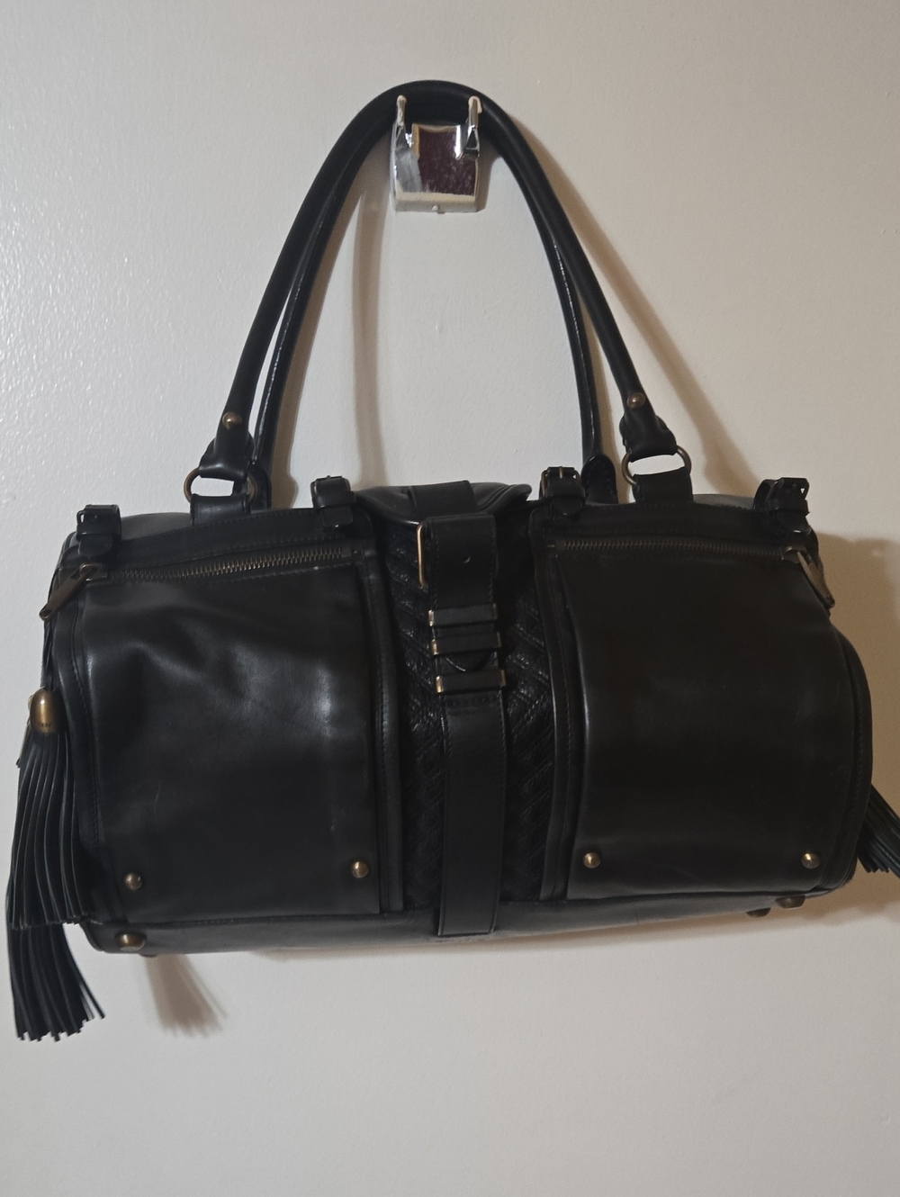 Kooba Brown Medium Shoulder Bag Whipstitch Braided Accents Purple Lining